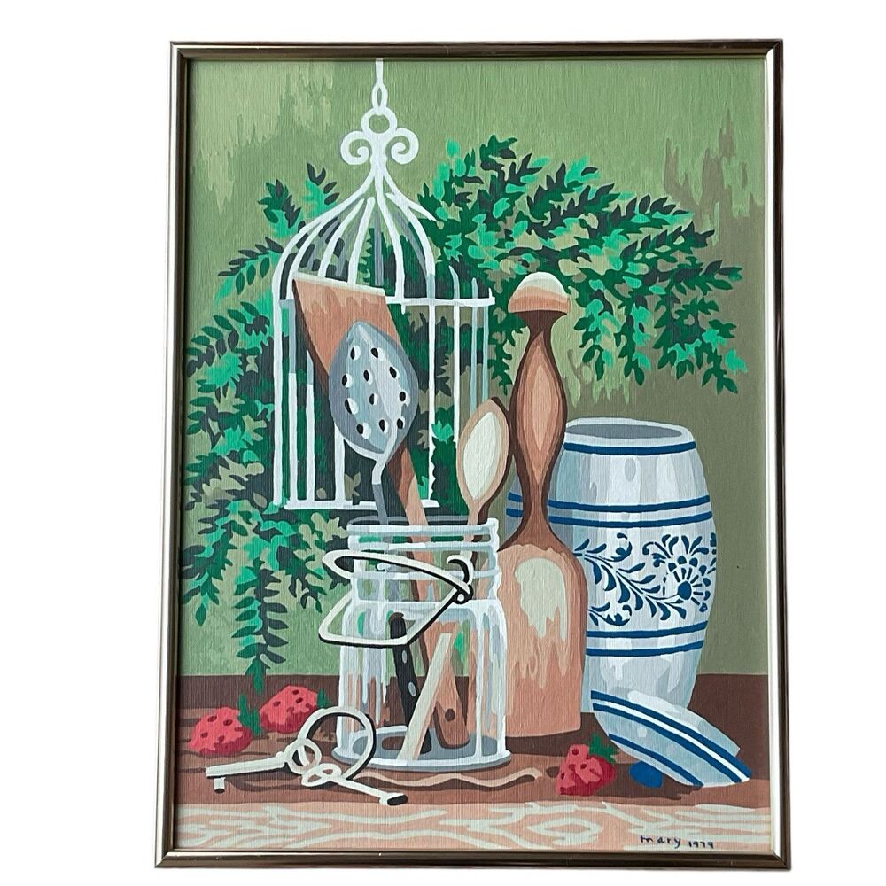 Vintage 1970s Paint By Number Framed Painting 12 X 16” Kitchen Cottage Food